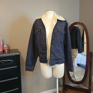 Roebuck Dark Wash Denim Jacket with Sherpa Lining 1960s 1970s Trucker Utility